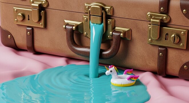 Vintage Suitcase Pouring Turquoise Liquid with Unicorn Float