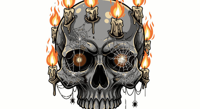Spooky skull adorned with dripping candles, cobwebs, and spiders