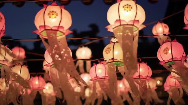 Dense rows of Korean lotus lanterns (yeondeunghoe) glowing pink and amber under temple eave at night, gentle barely perceptible sway, deep blue-black night sky as copy space, Vesak Buddha's Birthday