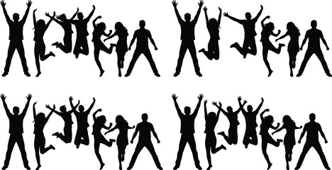 Fototapeta premium Silhouettes of people jumping and dancing, energetic poses, raised arms, celebration concept, lively movement, joyful lifestyle illustration