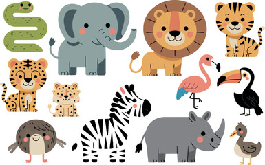 Cute cartoon jungle safari animals set elephant giraffe lion zebra hippo rhino baby wildlife vector illustration collection design © RafatStock