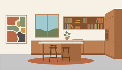 Modern kitchen interior with wooden cabinets, a central island with stools, bookshelf, large window, abstract art, and a potted plant, creating a cozy and inviting atmosphere. © Fahim