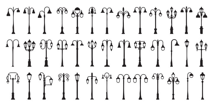 Set of black street light silhouettes including various styles of decorative lamp posts and lanterns for outdoor urban park pathway design elements.