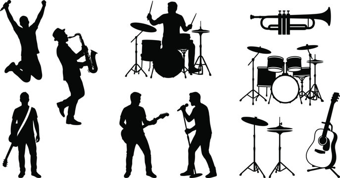 Silhouettes of musicians performing with instruments, singers, guitarists, drummers, saxophone player, trumpet, band illustration, music concept