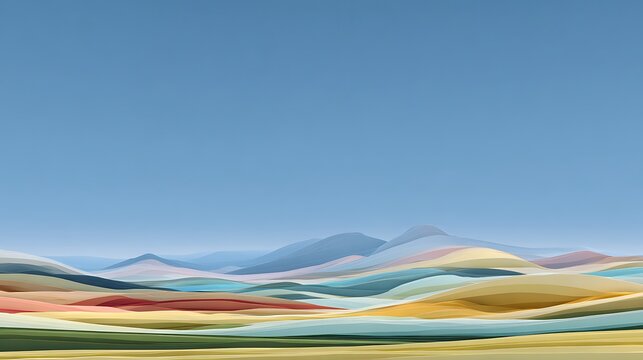 Abstract painted landscape depicts rolling hills under a gradient blue sky