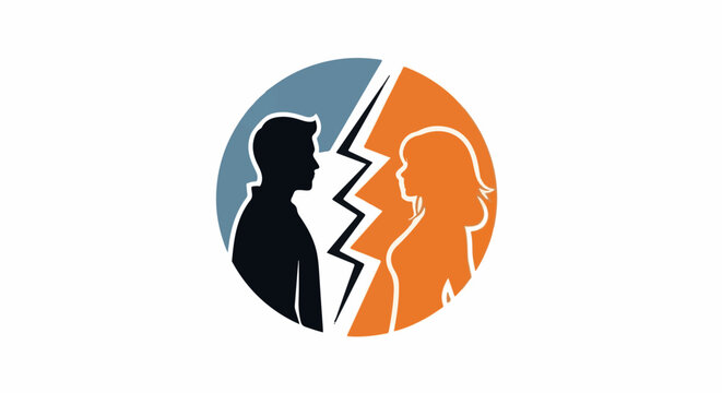 Silhouette of man and woman facing each other, separated by a lightning bolt