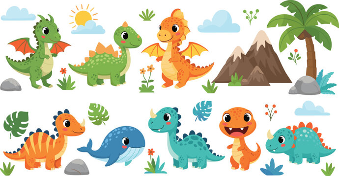 PrintCute cartoon dinosaur collection featuring prehistoric creatures and tropical nature elements for children party vector design