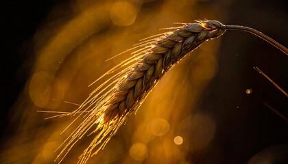 Obraz premium Golden Wheat Ear Backlit by Warm Sunlight in a Field 
