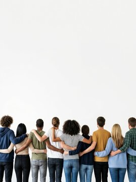 A group of diverse individuals stand arm in arm, symbolizing unity and teamwork.