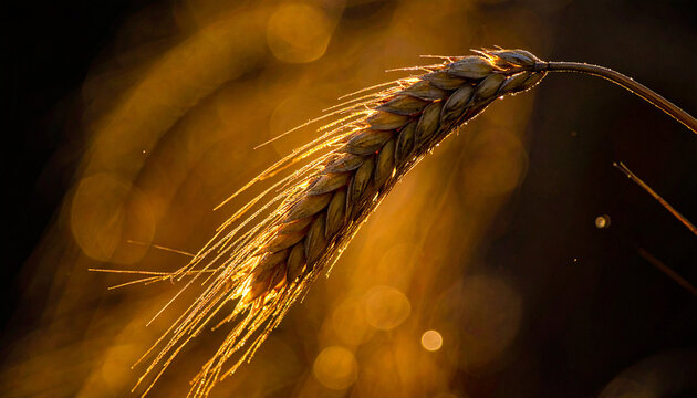 Golden Wheat Ear Backlit by Warm Sunlight in a Field 