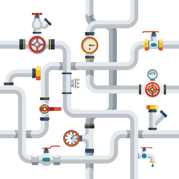 Industrial Modern Water Pipeline Network Illustration With Mechanical Valve Components vectorPlumbing Pipe System With Valves And Gauges Design vector