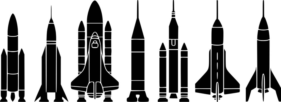 Collection of black silhouettes of various space rockets and space shuttle