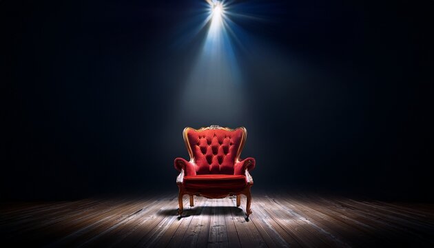 red chair illuminated by a single spotlight on a dark stage