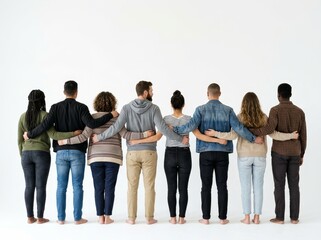 Fototapeta premium Rear view of a diverse group with arms around each other, symbolizing unity and teamwork.