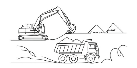Continuous line drawing of an excavator loading dirt into a dump truck at a construction site Vector, illustration © Nippon_Art Gallery