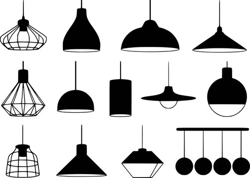Collection of diverse black silhouette pendant light fixtures white background