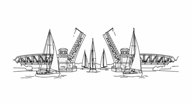 Sailboats pass through an open bascule bridge on a sunny day