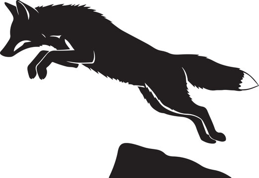 Black silhouette of a fox jumping over a rock