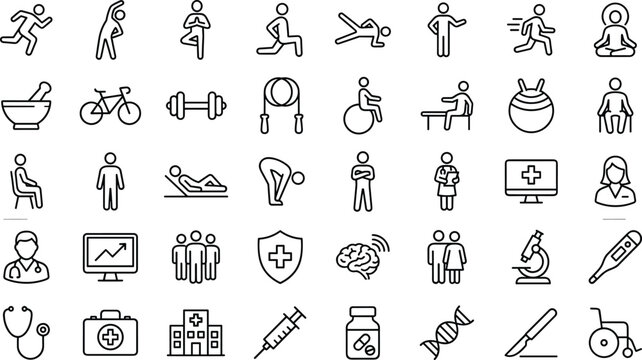 Physical therapy and rehabilitation line icon set with exercise medical recovery symbols vector