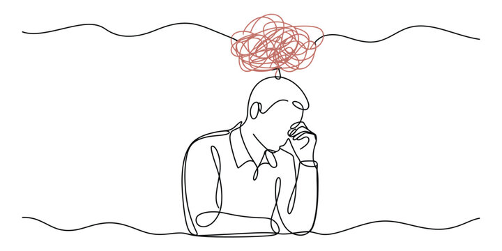 Continuous one line drawing of a stressed man with a messy tangled mind or chaotic thoughts above his head representing mental health and anxiety issues Vector, illustration