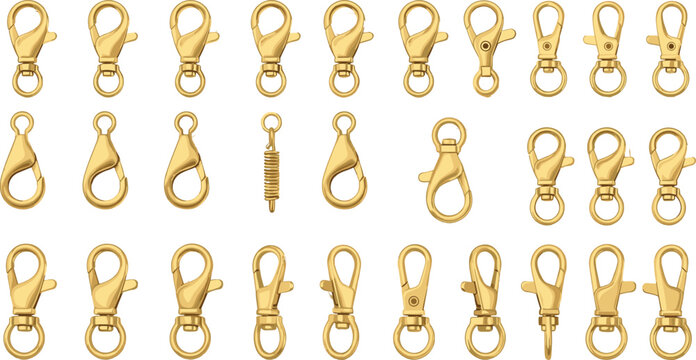 Gold lobster clasp and hook lanyard accessories vector 3D illustration isolated on white background for jewelry making