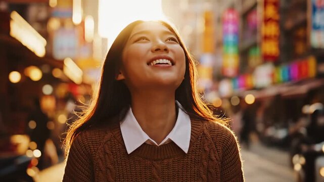 Radiant Asian woman smiling during golden hour in a busy city street, perfect for travel vlogs and lifestyle advertisements.