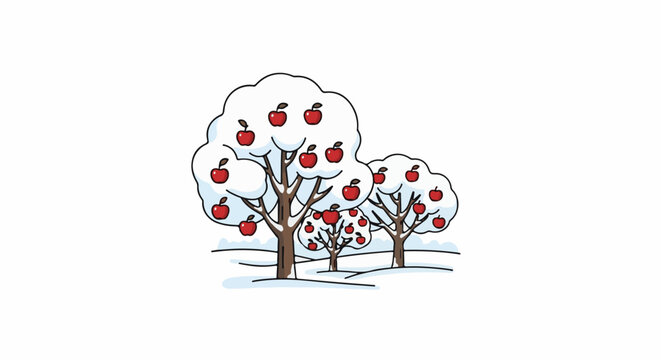 Snowy apple trees with ripe red fruit