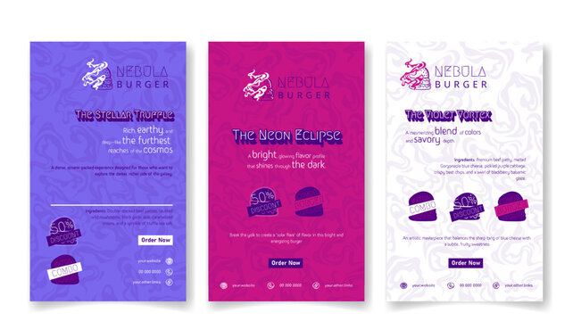 Set of social media post template in purple pink design for burger food campaign with space design