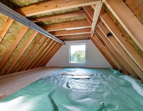 modern residential attic renovation featuring polyurethane spray foam insulation applied to the roof rafters and plywood subflooring