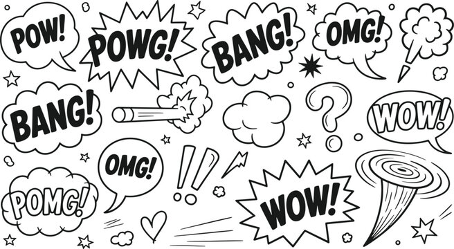 Set of hand drawn comic speech bubbles with sound effects like bang pow omg and wow in black and white sketch style for graphic design projects
