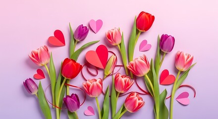 Fototapeta premium Beautiful colorful tulips and paper hearts on a soft pink background