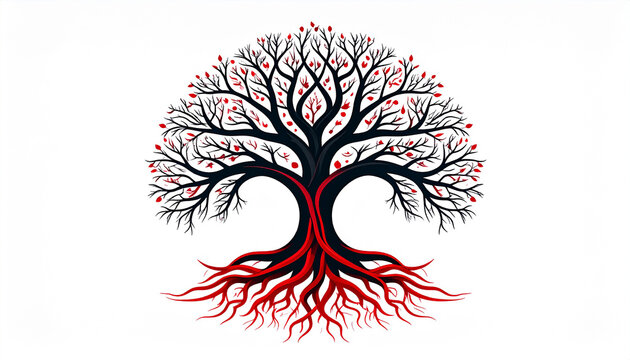 Stylized black tree of life with vibrant red roots and branches on white leaves nature