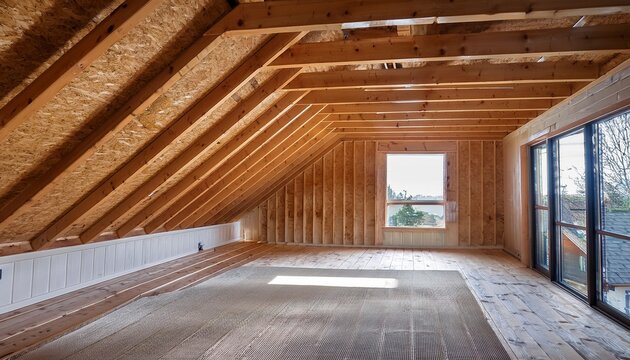 well insulated residential attic space with wooden roof trusses and a plywood walkway