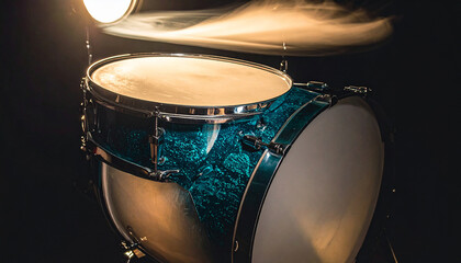 Obraz premium Teal bass drum and snare drum with dramatic lighting and smoke effect drum kit percussion