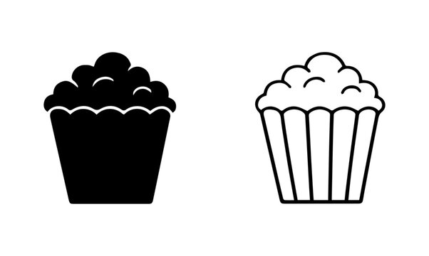 Minimalist Popcorn Icon Set , Black Silhouette and Outline Vector Illustration for Cinema, Snack, and Entertainment Design