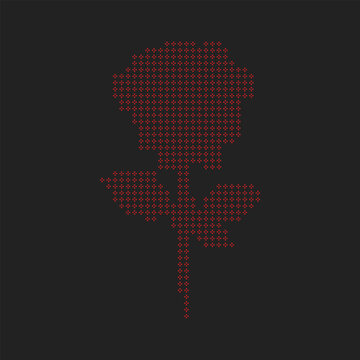 Creative red rose digital flower design made from tiny cross symbols on dark gray background