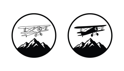 Vintage biplane flying over mountains in circle vector illustration set © Nexus