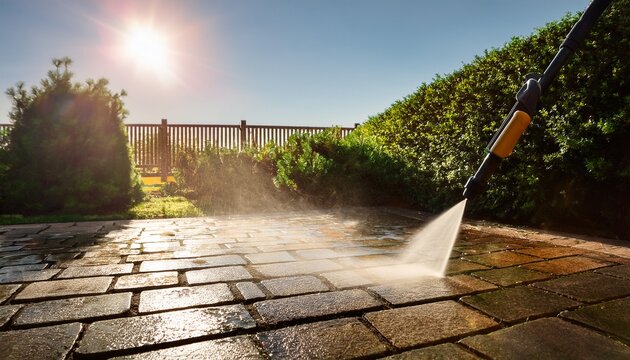 cleaning stone patio with a high pressure washer in a sunlit garden during spring maintenance