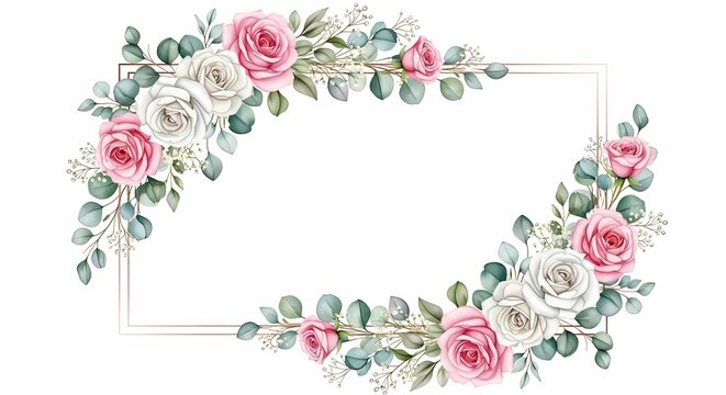 Wedding invitation card features floral border with roses and eucalyptus leaves
