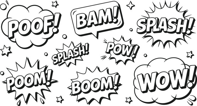 Set of comic book speech bubbles with sound effects like boom pow bam and splash in black and white sketch style for graphic design projects