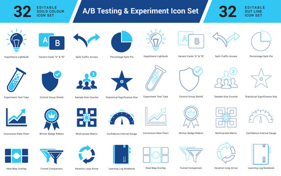 A/B Testing & Experiment Icon Set &ndash; 16 Thin-Line Outline Vector Symbols for Analytics, Conversion & Growth / Analytics.