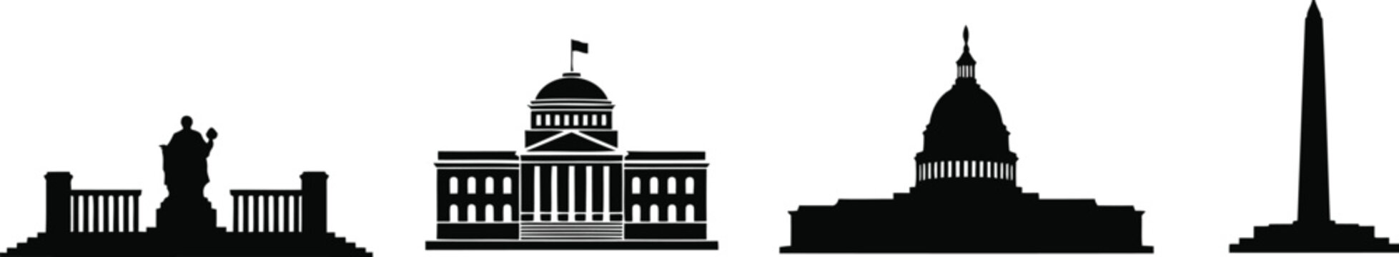 Famous washington dc monuments and capital buildings vector illustration silhouette set.