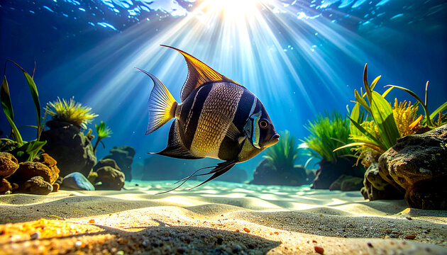 angelfish swimming directly overhead captured from bottom aquarium floor perspective