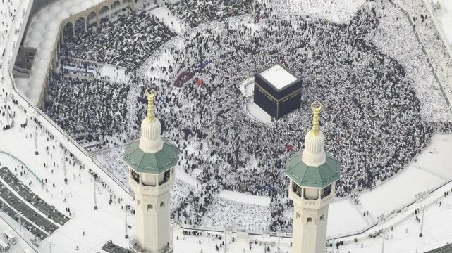 Aerial View of Muslim Pilgrims Performing Tawaf Around the Holy Kaaba in Mecca, Saudi Arabia
