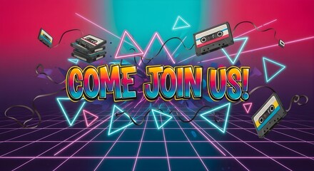 Naklejka premium Vibrant retro 80s design with geometric shapes and neon “Come Join Us” text, perfect for creative and energetic campaigns.