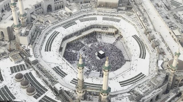 Aerial View of Muslim Pilgrims Performing Tawaf Around the Holy Kaaba in Mecca, Saudi Arabia