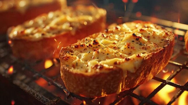 Close-up of Brazilian garlic bread p&atilde;o de alho toasting on grill, melting cheese bubbling, golden crust, glowing embers background, Brazilian BBQ, cinematic loop.