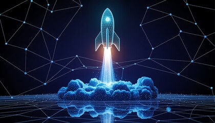 Fototapeta premium Futuristic rocket launch into a digital network a symbol of innovation and space exploration
