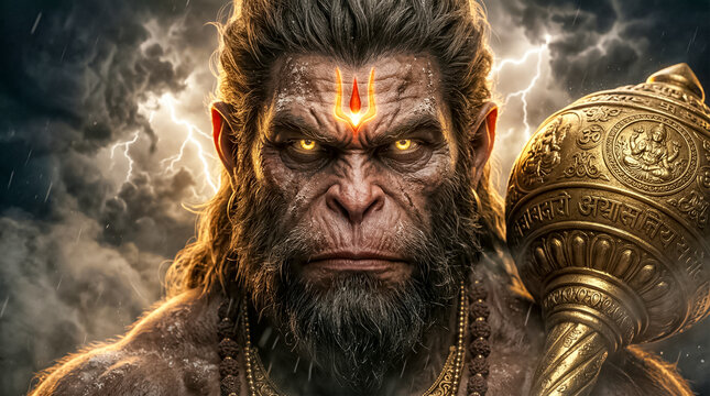 Powerful ancient deity Hanuman with glowing eyes holds a golden mace during a stormy night.