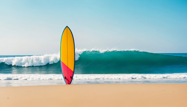 a vibrant surfboard standing on a sandy beach